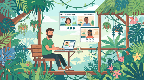 2d vector of a man in a lush green jungle, remote working on a laptop during an online hybrid meeting.
