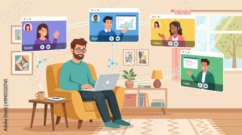 Warm 2d vector illustration of a man remote working from home, engaged in a hybrid online meeting.