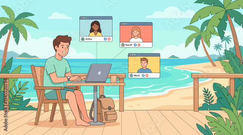 2d vector of a man on a tropical beach, working remotely on his laptop during an online hybrid meeting.
