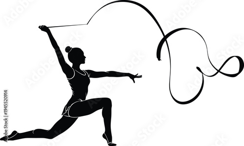 Black silhouette of a woman performing rhythmic gymnastics with a ribbon female