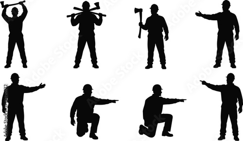 Construction worker silhouette set with tools and gestures including hammer, axe, pointing and kneeling poses, industrial labor team icons isolated for engineering, building and safety concepts