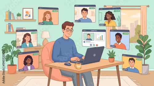 2d vector of a man in a home office, managing a hybrid work online meeting challenge with remote colleagues.