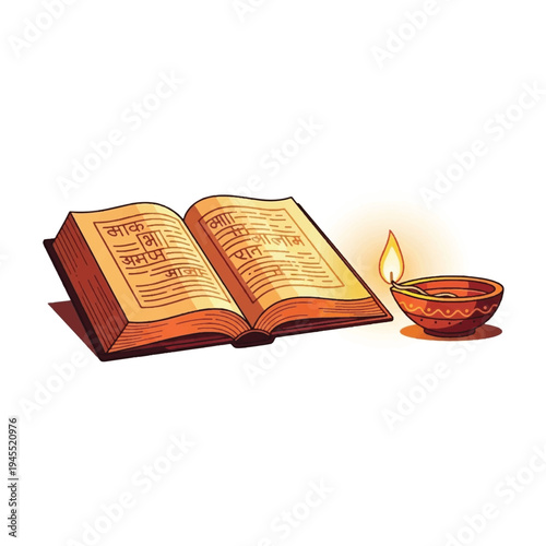 Ancient Book and Lit Diwali Lamp.