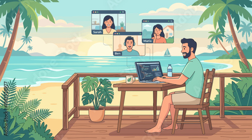 Man in 2d vector works remotely on laptop, attending an online meeting from a tropical beach balcony.