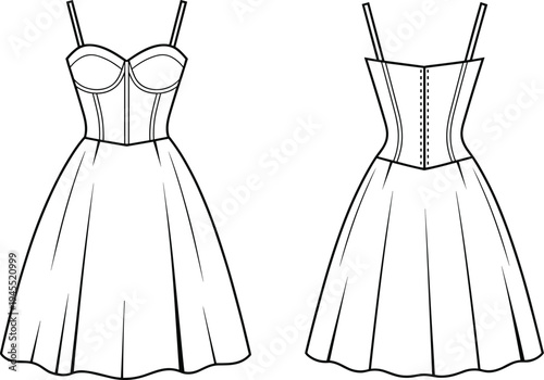 Black and white technical fashion illustration of women’s dress with corset-style bodice, structured cups, pleated skirt, buttoned back seam, garment construction design sketch