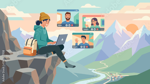 2d vector illustration: woman works remotely on laptop, online meeting from a serene mountain cliff.