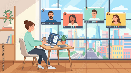 Bright 2d vector of woman in hybrid online meeting on laptop, from home office overlooking city.