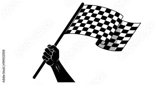 Checkered Flag Waving in Hand for Victory Concept.