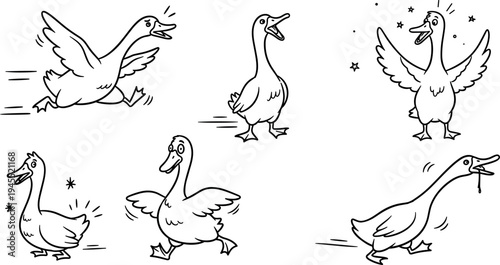 Funny hand drawn goose characters collection with running walking flapping poses cute farm bird doodle line art vector set