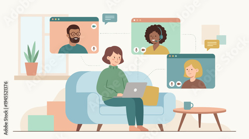2d vector of a woman on a sofa, engaged in a remote online meeting, depicting hybrid work challenges.