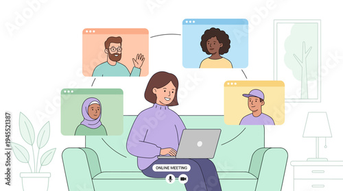 Light 2d vector of a woman on a laptop, having a remote online meeting with diverse colleagues from her home.