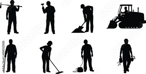 Construction worker silhouette set with tools and heavy equipment, builders, engineer, cleaner and technician isolated on white background, industrial labor workforce vector illustration collection