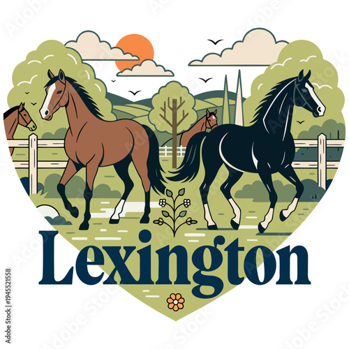 Lexington Kentucky Horse Farm Illustration with Thoroughbreds and Scenic Pasture
