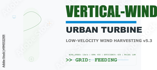Urban vertical wind turbine technology for low-velocity energy harvesting, sustainable green grid feeding solution concept illustration.