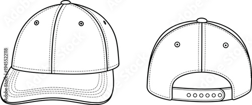 Black and white line drawing illustration of baseball cap front and back views, showing curved brim, stitched crown, ventilation eyelets, and adjustable strap design