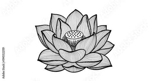 Detailed Lotus Flower Illustration with Intricate Petal Design and Seed Pod.