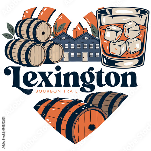 Lexington Bourbon Trail Illustration with Whiskey Glass and Aging Barrels