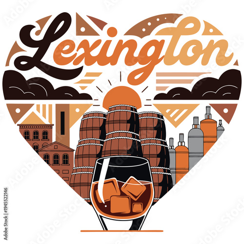 Lexington Kentucky Bourbon Heart Design with Distilleries and Barrels