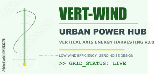 Vertical Axis Wind Turbine concept, urban power generation, green energy, sustainable electricity solutions, renewable technology illustration.