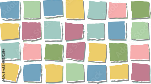 Colorful sticky notes arranged in rows on a plain white background now