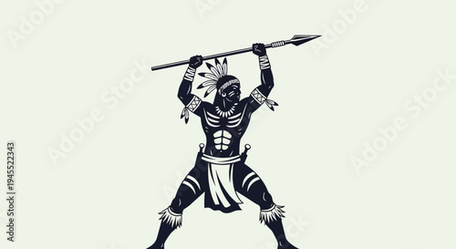 Illustration of a Tribal Warrior Holding a Spear Overhead.