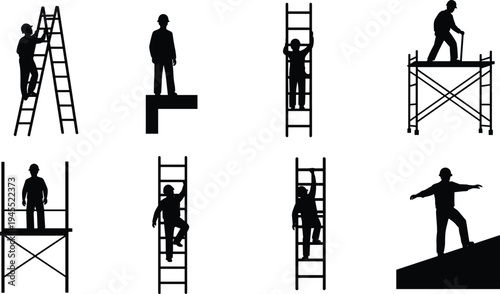 Construction worker silhouettes climbing ladders and working on scaffolding, industrial labor safety concept, builders and engineers at height, construction site activity vector illustration set