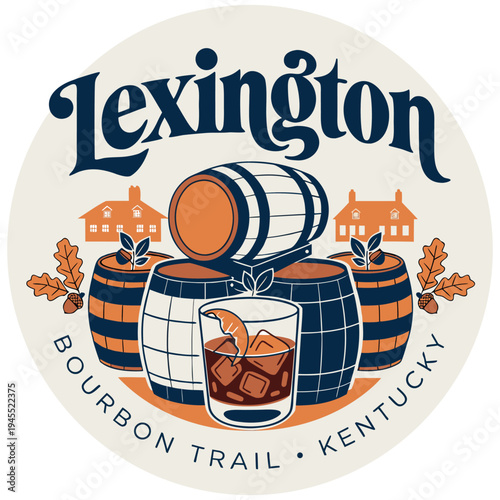Lexington Bourbon Trail Kentucky Whiskey Barrels and Cocktail Illustration
