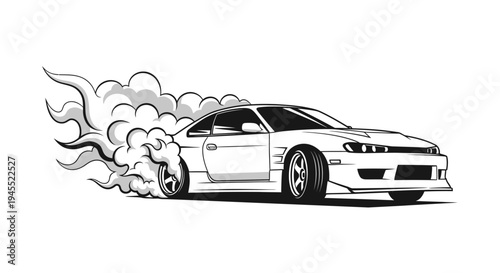 Illustration of a White Sports Car Drifting with Smoke.