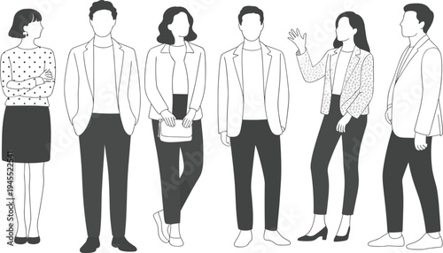 Black and white illustration of six diverse individuals in business casual attire, standing together, showcasing professional fashion, workplace diversity, 