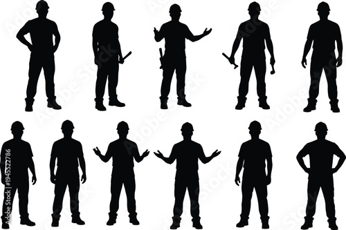 Construction worker silhouettes collection with tools and helmets, builder and engineer poses set, industrial labor workforce characters isolated on white background for construction industry design