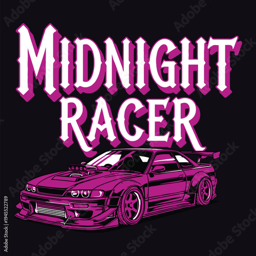 Midnight Racer logo with a pink sports car on a black background tshirt design