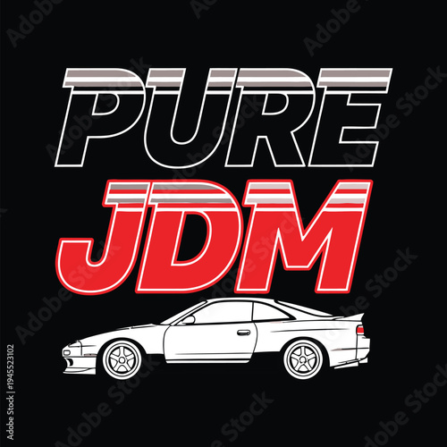 Pure JDM car culture logo with a white sports car on black background tshirt design