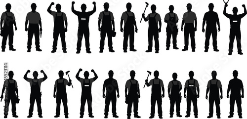 Construction worker silhouettes collection showing builders, engineers and manual laborers with tools and helmets representing industrial workforce, maintenance, repair, safety and building industry 