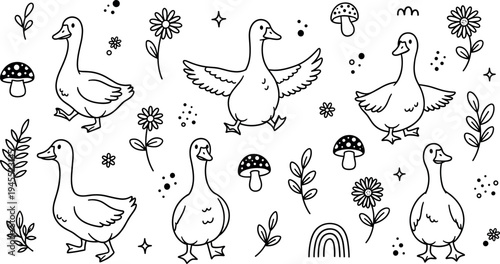 Hand drawn goose doodle collection with flowers mushrooms leaves rainbow cute outline coloring page vector illustration set