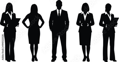 Five black silhouettes of business people in suits standing against white background group