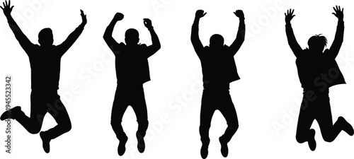Four black silhouettes of people jumping with arms raised white background
