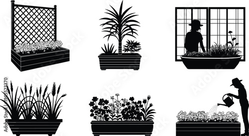 Black and white gardening silhouettes featuring raised beds, planter boxes, blooming flowers, and people caring for plants, perfect for home garden design, education, and creative projects