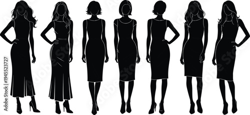 Seven black female silhouettes in various dresses and hairstyles women