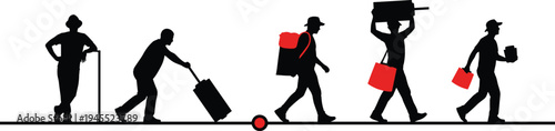 Silhouettes of people walking with luggage travel