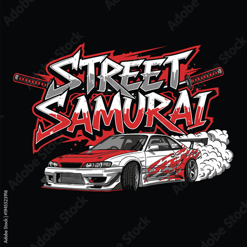 Street Samurai car logo with a white and red sports car drifting on a black background tshirt design