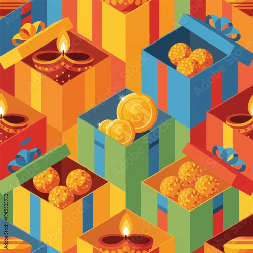 Colorful gift boxes with gold coins.