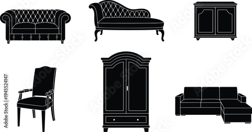 Black silhouette illustration of six different furniture pieces including sofa, chaise lounge, cabinet, armchair, wardrobe, and sectional sofa, representing interior design and home decor