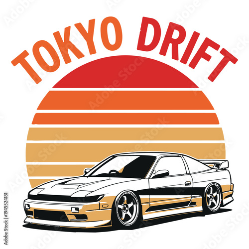 A sleek sports car speeding through Tokyo city streets at sunset tshirt design