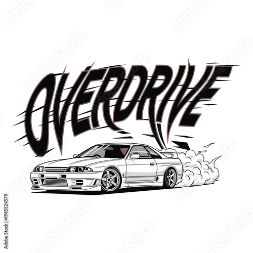 A sleek car speeding in overdrive with smoke from its tires on a white background tshirt design