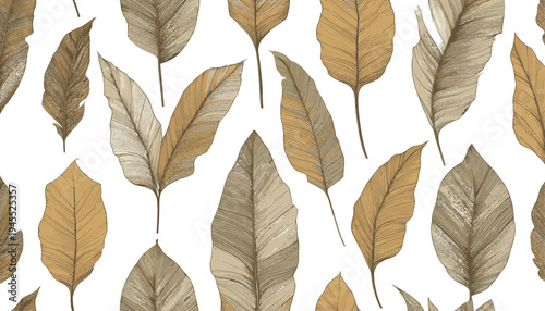 banana leaf seamless vector pattern, brown hand drawn leaves