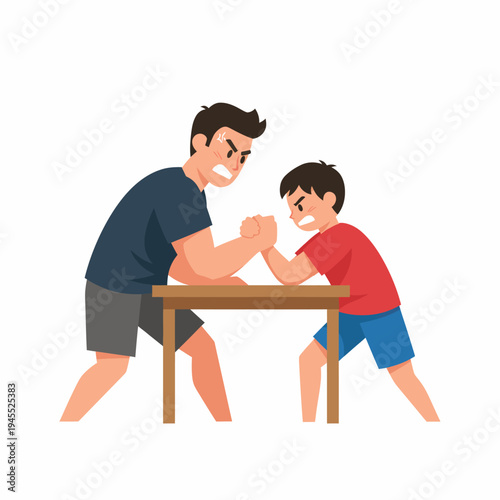 Arm Wrestling Match Between Father and Son Illustration