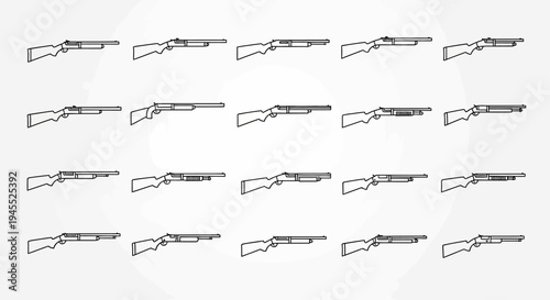 Collection of Rifle and Shotgun Line Art Icons on White Background