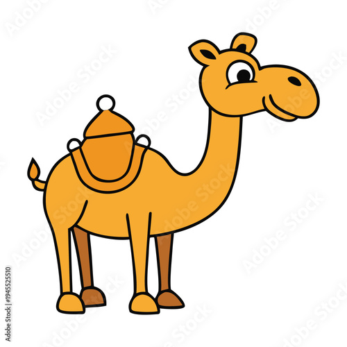 A tall, sandy-colored camel stands in the desert, its humps storing energy, eyes shaded by long lashes, patiently enduring the sun and shifting dunes.
