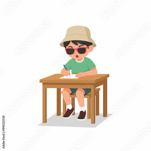 Boy in Hat Writes on Paper at Desk Illustration