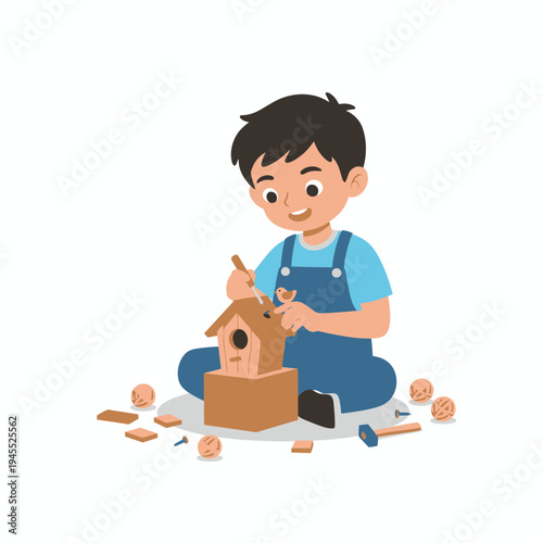 Boy Carving Birdhouse with Small Bird Perched on Top